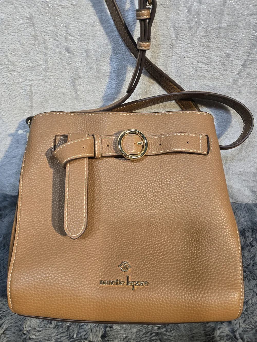 Nanette Lepore Tan Pebbled Leather Crossbody Tote with Gold Buckle